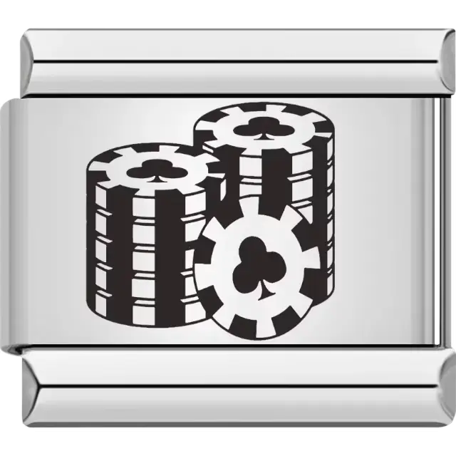 Stack of black and white poker chips with club symbols Italian charm bracelet link