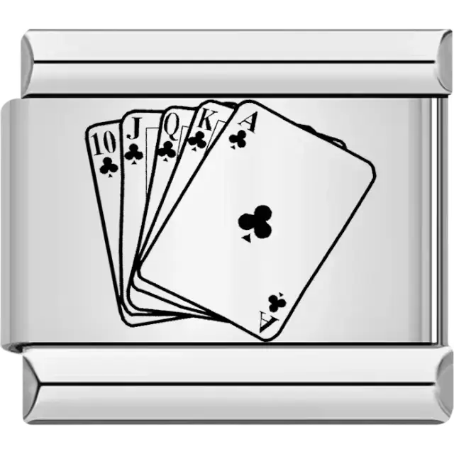 Black club royal flush poker hand design Italian charm bracelet link