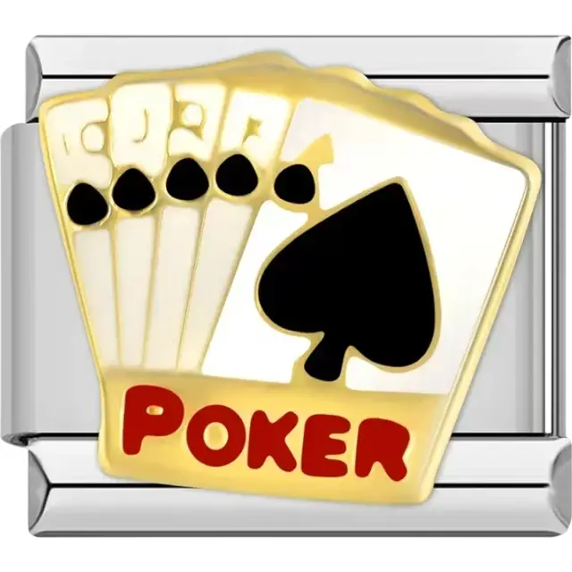 Poker-themed charm featuring a royal flush in the spades suit with the word "POKER" in bold red lettering Italian charm bracelet link