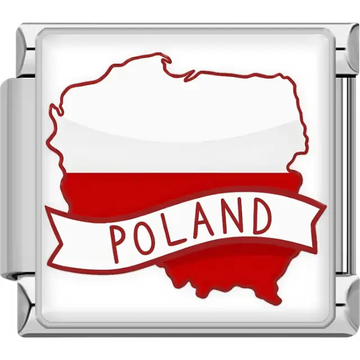 Red and white map of Poland with white banner Poland text Poland map flag Italian charm bracelet link