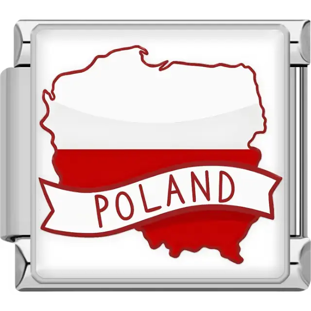 Red and white map of Poland with white banner Poland text Poland map flag Italian charm bracelet link