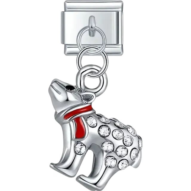 Polar bear with clear crystal body and red scarf Italian charm bracelet link
