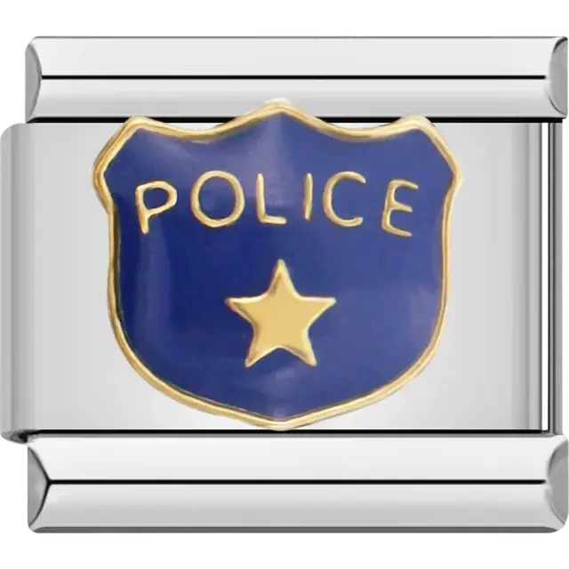 Blue badge with “POLICE” text and star Italian charm bracelet link