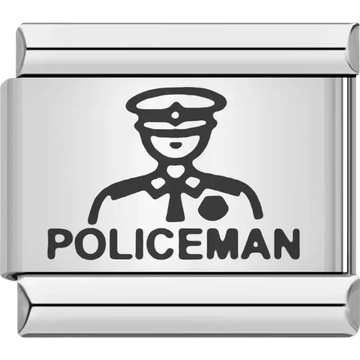 Black policeman figure with cap and badge above bold "POLICEMAN" text Italian charm bracelet link