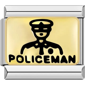 "POLICEMAN" text with an outline of a police officer on a gold background Italian charm bracelet link