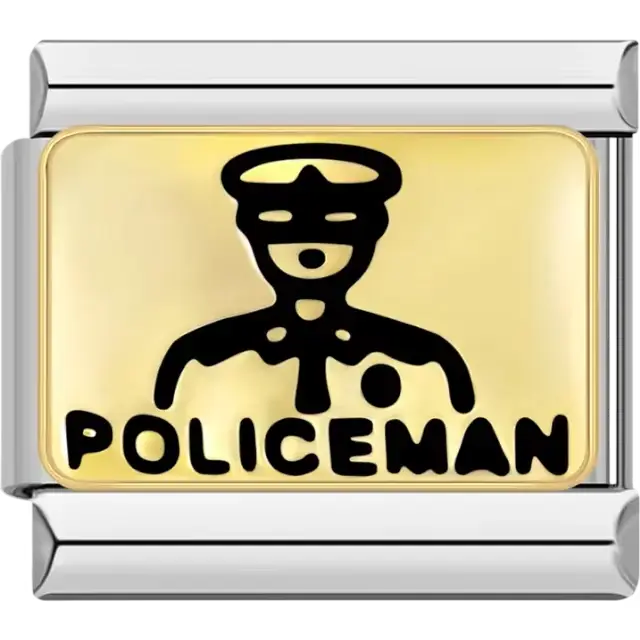 "POLICEMAN" text with an outline of a police officer on a gold background Italian charm bracelet link