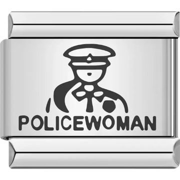 Black policewoman figure with cap and badge above bold "POLICEWOMAN" text Italian charm bracelet link