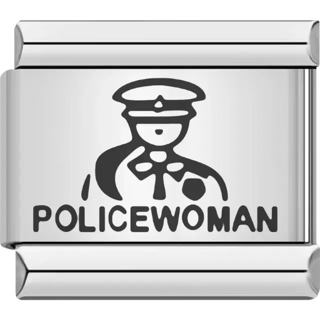 Black policewoman figure with cap and badge above bold "POLICEWOMAN" text Italian charm bracelet link