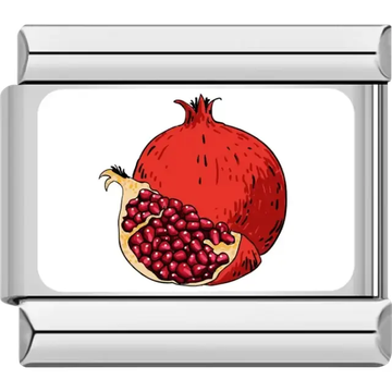 Whole red pomegranate with a sliced half revealing seeds on a white background Italian charm bracelet link