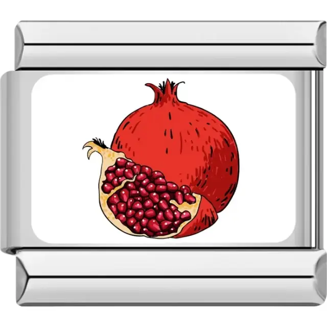 Whole red pomegranate with a sliced half revealing seeds on a white background Italian charm bracelet link