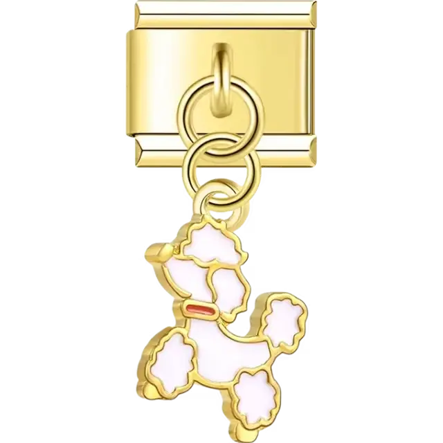 Gold-tone dangle poodle with white details Italian charm bracelet link
