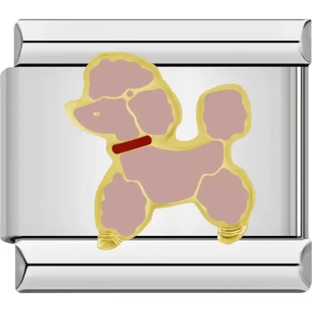 Gold poodle design with light pink detailing and a red collar Italian charm bracelet link
