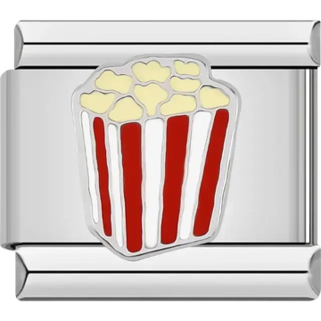 Red and white striped popcorn bucket with yellow popped corn, popcorn emoji Italian charm bracelet link