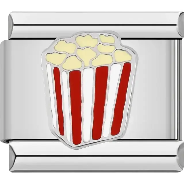 Red and white striped popcorn bucket with yellow popped corn, popcorn emoji Italian charm bracelet link