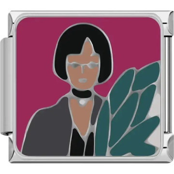 Figure with black hair green feather detail and pink background design Italian charm bracelet link