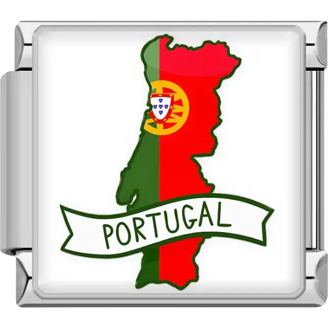 Green and red map of Portugal with yellow shield white banner Portugal text Portugal map flag Italian charm bracelet link