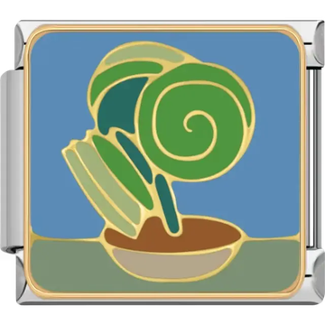 Green fern with spiral fronds in brown pot and gold outlines on blue and green background Italian charm bracelet link