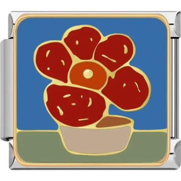 Red rafflesia flower with gold outlines in beige pot on blue and green background Italian charm bracelet link