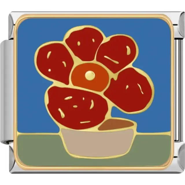 Red rafflesia flower with gold outlines in beige pot on blue and green background Italian charm bracelet link