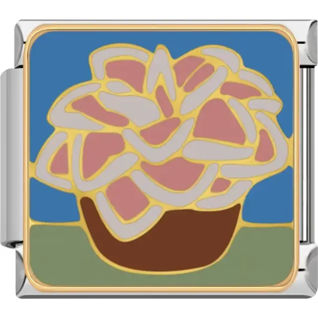 Pink and white potted succulent with gold outlines on blue and green background Italian charm bracelet link