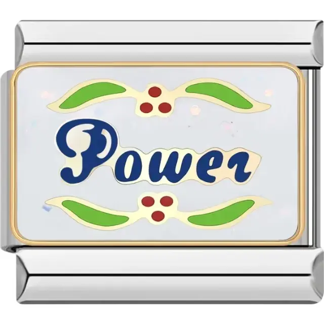Blue "Power" text with red berries green leaves and gold outline Italian charm bracelet link