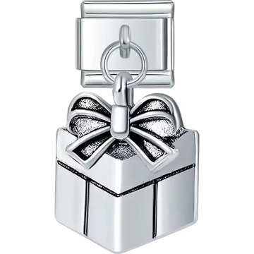 Silver present with bow design Italian charm bracelet link