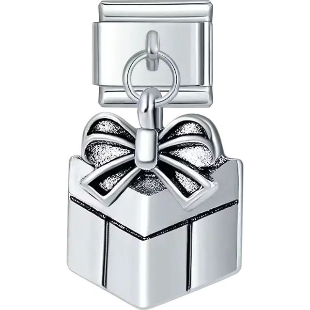 Silver present with bow design Italian charm bracelet link