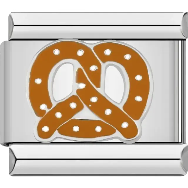 Brown pretzel design with white salt accents Italian charm bracelet link