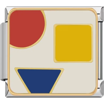 Red circle, yellow square, and blue triangle with gold outlines on white background Italian charm bracelet link