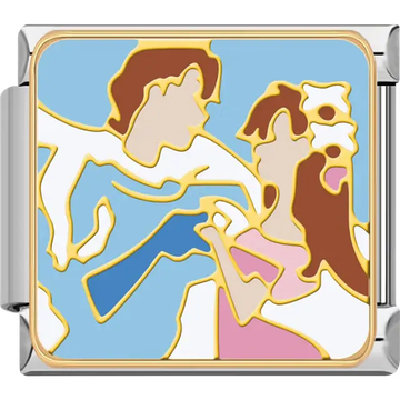 Prince and princess dancing blue sky gold outline Italian charm bracelet link