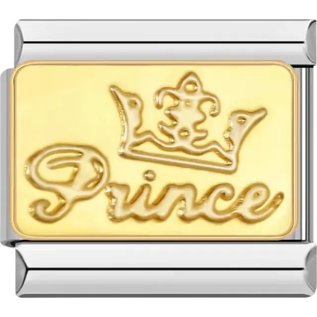 Gold-tone design featuring "Prince" text with a crown accent Italian charm bracelet link
