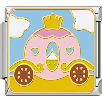 Pink and yellow carriage with crown heart windows blue sky Italian charm bracelet link