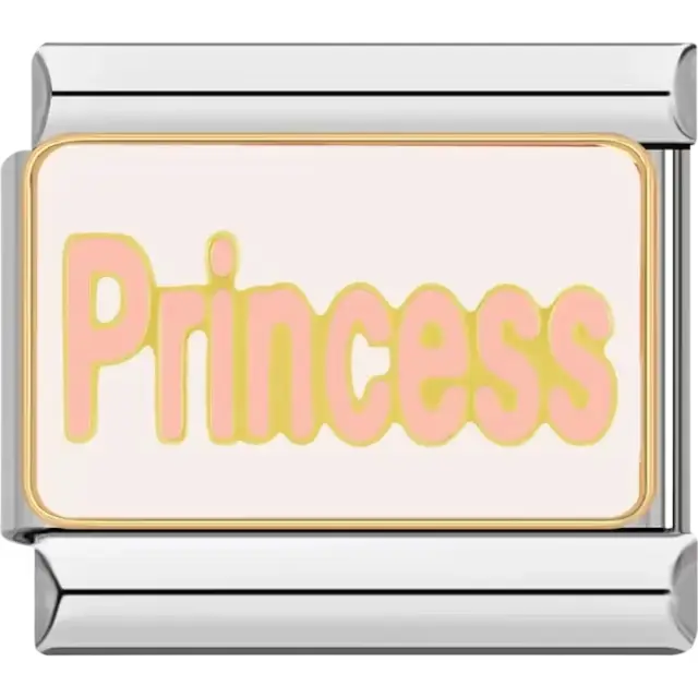 Pink "Princess" text with yellow outline on white background Italian charm bracelet link