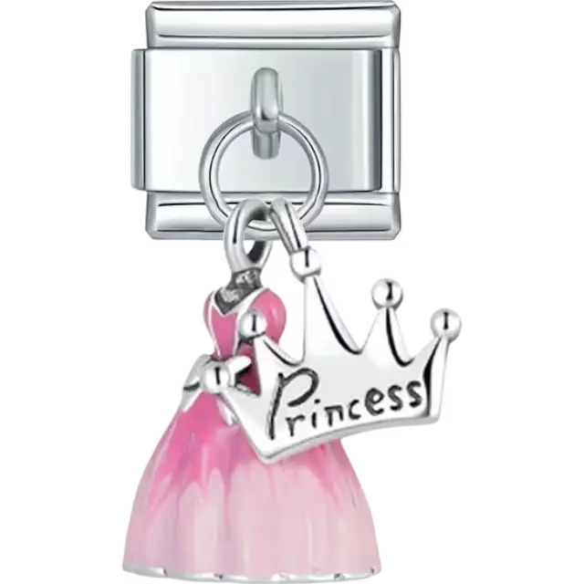 Pink dress design with a crown and Princess text dangle Italian charm bracelet link