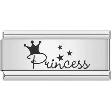 Black cursive "Princess" text with a crown and three stars Italian charm bracelet link