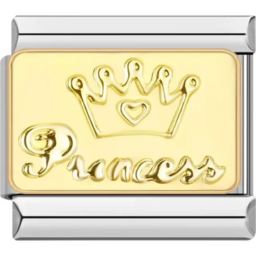 Crown design with heart and "Princess" text Italian charm bracelet link