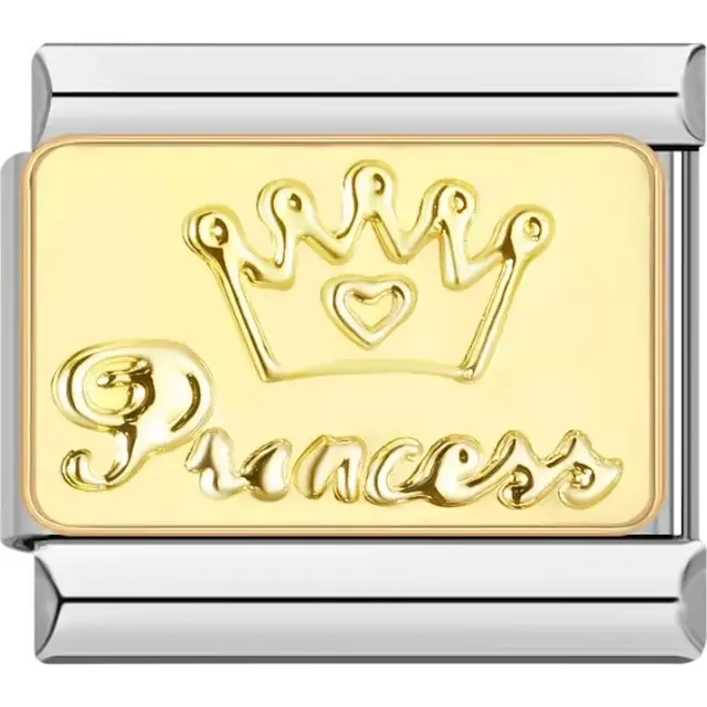 Crown design with heart and "Princess" text Italian charm bracelet link