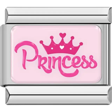 Pink "Princess" text with crown and heart detail on light pink background Italian charm bracelet link
