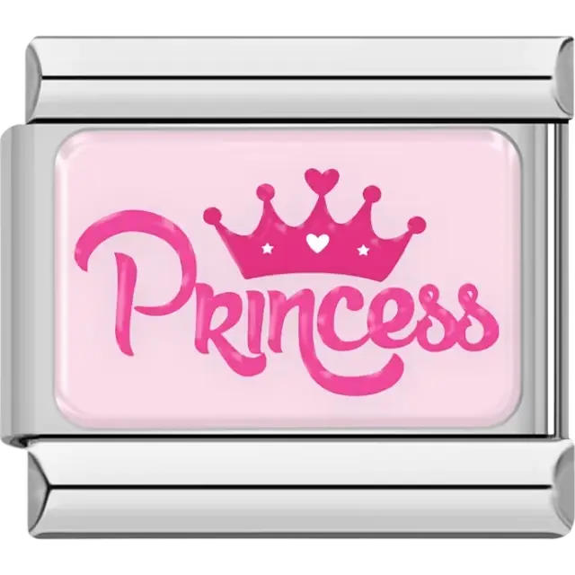 Pink "Princess" text with crown and heart detail on light pink background Italian charm bracelet link
