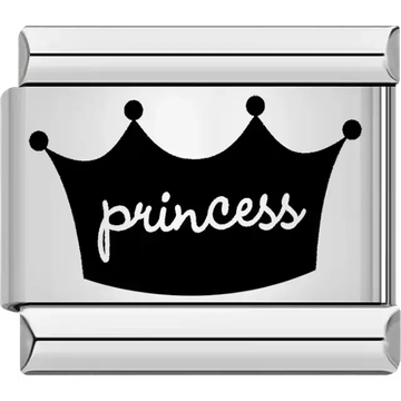 Black crown silhouette with "princess" text Italian charm bracelet link