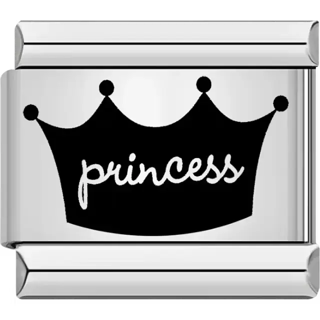 Black crown silhouette with "princess" text Italian charm bracelet link