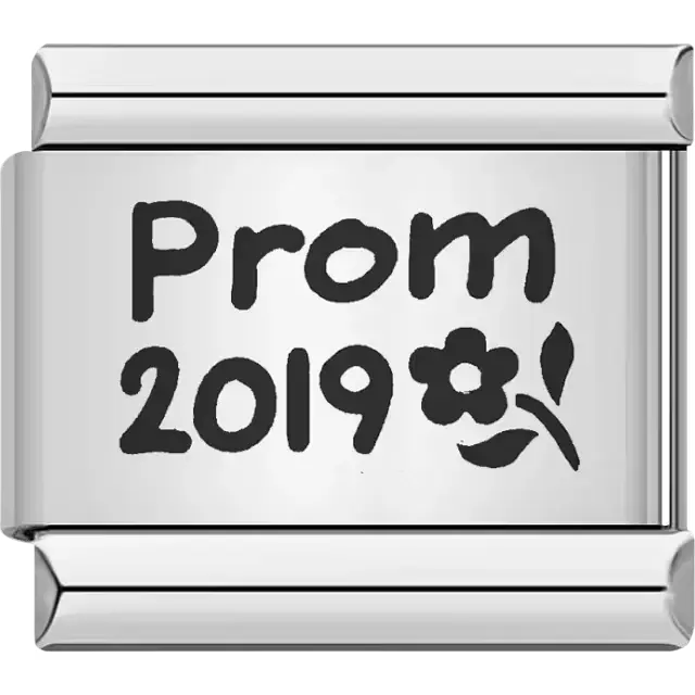 Black "Prom 2019" text with flower Italian charm bracelet link