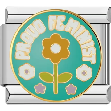 "Proud Feminist" text with a yellow flower and green stem on a teal background Italian charm bracelet link