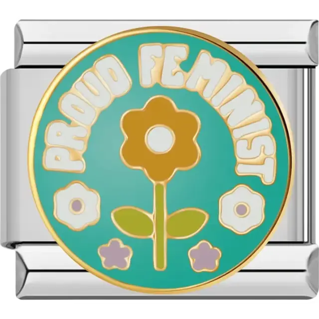 "Proud Feminist" text with a yellow flower and green stem on a teal background Italian charm bracelet link