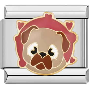 Brown Pug dog with red hearts gold details Italian charm bracelet link