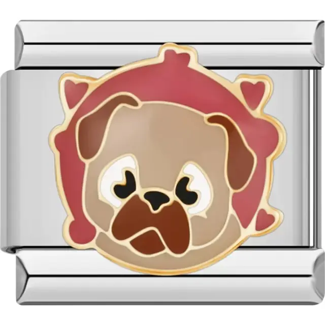 Brown Pug dog with red hearts gold details Italian charm bracelet link