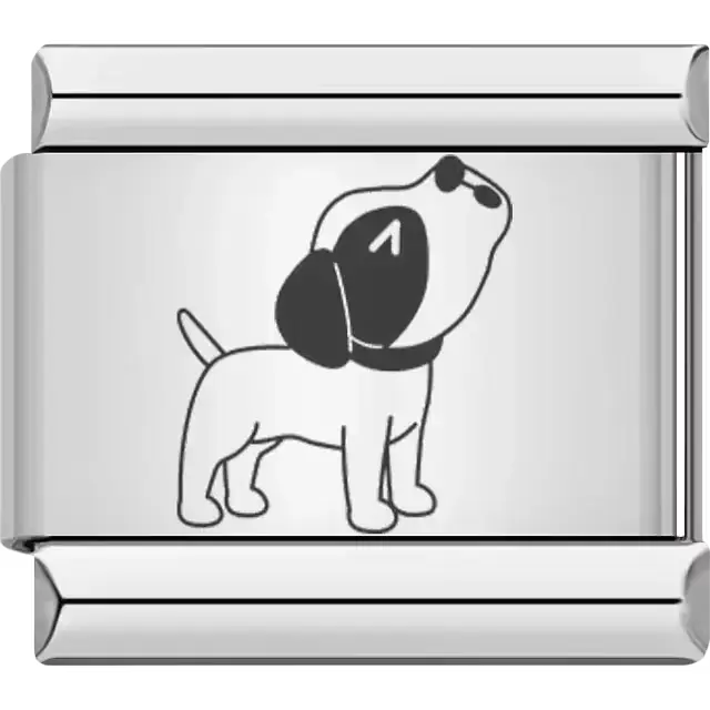 Cartoon-style puppy standing with tail raised black ears and collar Italian charm bracelet link