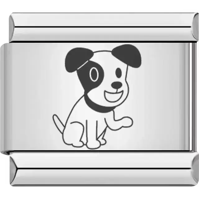 Cartoon-style seated puppy with black spot on face and floppy ears Italian charm bracelet link