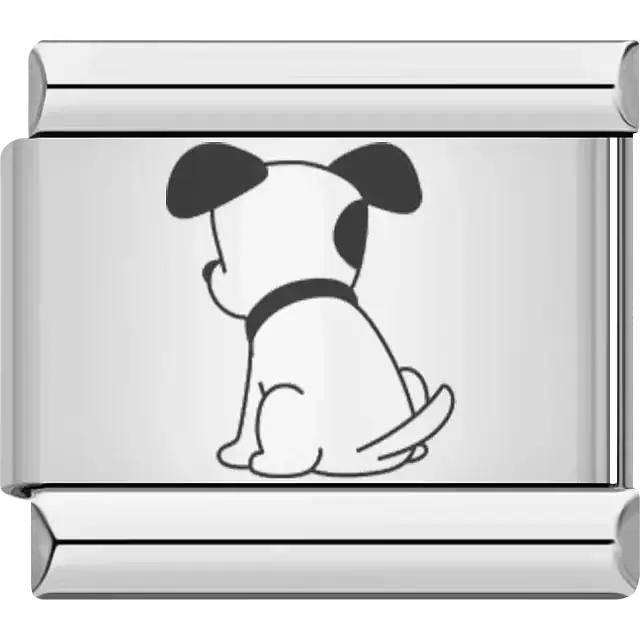 Cartoon-style seated puppy with black ears and collar facing backward Italian charm bracelet link