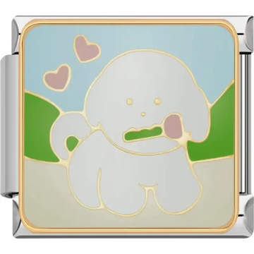 White puppy with pink hearts and a green landscape design Italian charm bracelet link